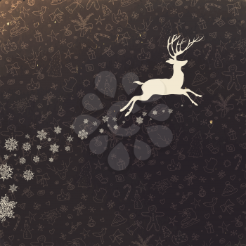 Deer silhouette on hand drawn Christmas background. Retro Merry Christmas Card Design