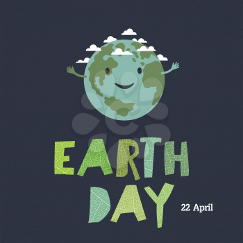 Earth day, 22 April. Save our home. Cartoon Earth illustration. Ecology concept. Leaf cut letters.