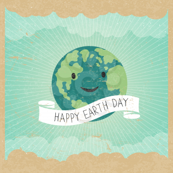 Vintage Earth Day Poster. Cartoon Earth Illustration. Rays, clouds, sky. Text on white ribbon. On old paper texture. Grunge layers easily edited.