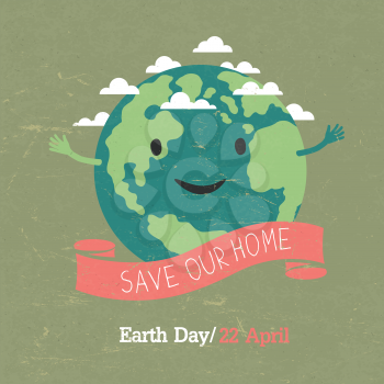 Vintage Earth Day Poster. Cartoon Earth Illustration. On grunge texture. Grunge layers easily edited.