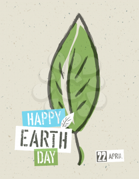 Happy Earth Day Poster. Green leaf symbolic illustration on the recycled paper texture. 22 April