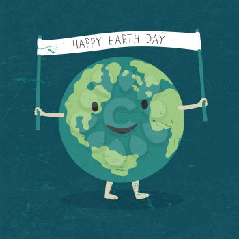 Cartoon Earth Illustration. Planet smile and hold banner with Happy Earth Day words. On old paper texture. Grunge layers easily edited.