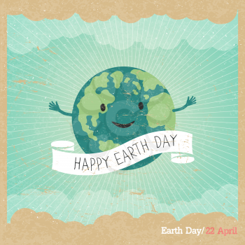 Cartoon Earth Illustration. Planet smile and hold banner with Save Me words. Vintage Earth Day Poster. Rays, clouds, sky. Text on white ribbon. On old paper texture. Grunge layers easily edited.