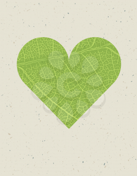Heart shape with green leaf texture. Nature background with free space for text or image. Green leaf veins texture heart shaped on the recycled paper texture.
