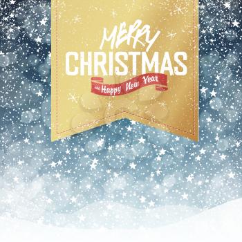 Merry Christmas Vintage Background. Falling Snow and Golden Badge with Greeting. All layers separated and can be edited.