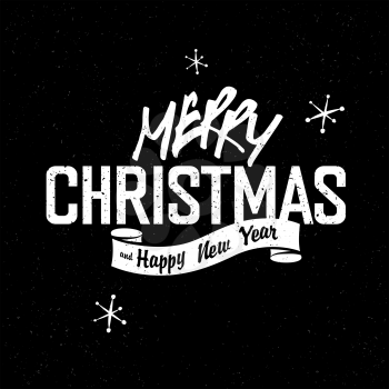 Merry Christmas Lettering. White letters on black textured background. With snowflakes.