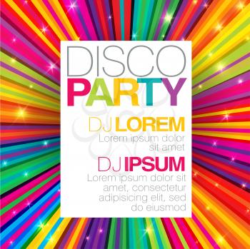 Disco poster or flyer design vector template on colorful rays background