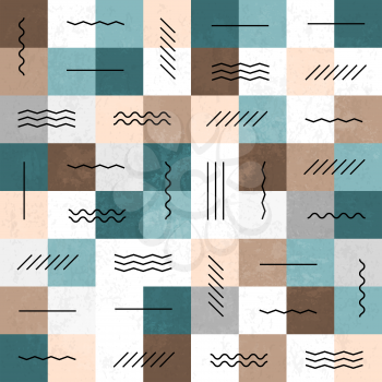 Geometric lines and squares seamless pattern. Retro colors. Textured layers easy editable