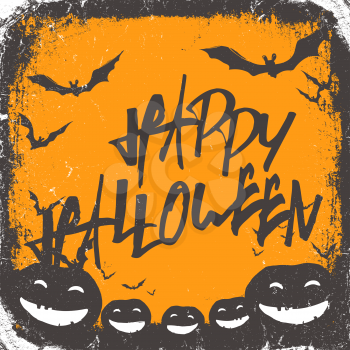 Halloween themed background with hand drawn lettering and bats silhouettes and scary pumpkins
