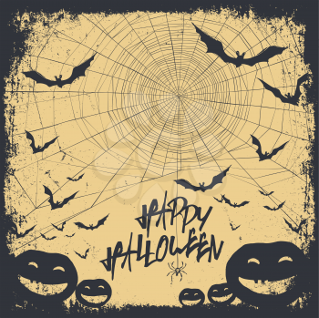 Halloween themed background with hand drawn lettering and bats silhouettes and scary pumpkins