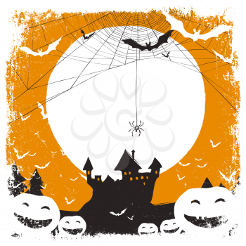 Halloween illustration with huanted castle and spider web and space for text