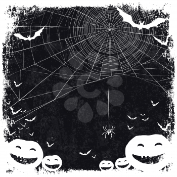 Halloween themed background with space for text. Halloween symbols - pumpkins, bats, spider web.
