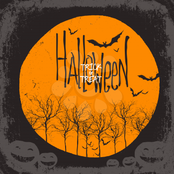 Halloween vector background. Dry tree and pumpkins. Full moon and bats