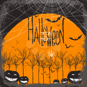 Halloween vector background. Dry tree and pumpkins. Full moon and bats. Spider web