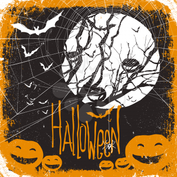 Halloween vector illustration. Dry tree, full moon and pumpkins and bats and spider web