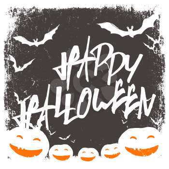 Halloween themed background with hand drawn lettering and bats silhouettes and scary pumpkins faces