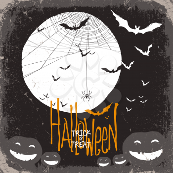 Halloween vector illustration. Spider web, full moon and pumpkins and bats