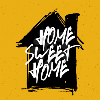 Home sweet home poster. Calligraphy with house hand drawn silhouette on yellow background.