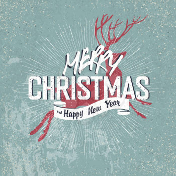 Merry Christmas Vintage Lettering with Christmas red deer silhouette on blue aged background with rays