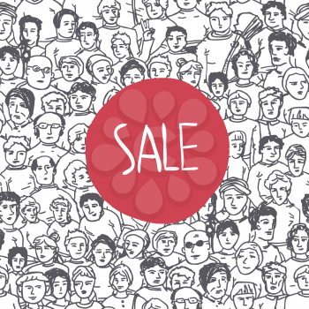 Hand Drawn People Characters Unrecognizable Seamless pattern with Sale Label