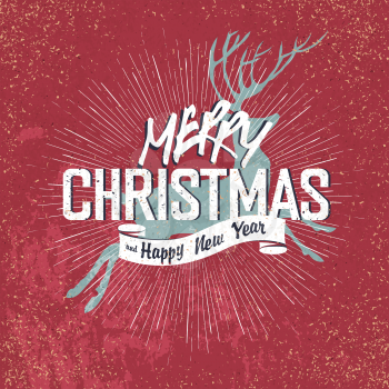 Merry Christmas Vintage Lettering with Christmas deer silhouette on red aged background