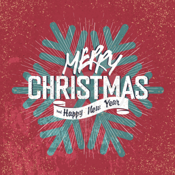 Merry Christmas Vintage Lettering with Christmas snowflake silhouette on red aged background