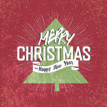 Merry Christmas Vintage Lettering with Christmas tree silhouette on red aged background