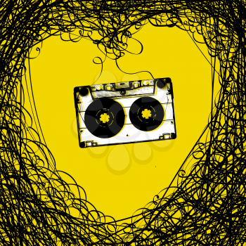 Concept illustration. Retro music background. Heart from tape and audiocassette