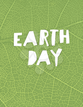 Nature background with Earth day headline. Green leaf veins texture. Paper cut letters.