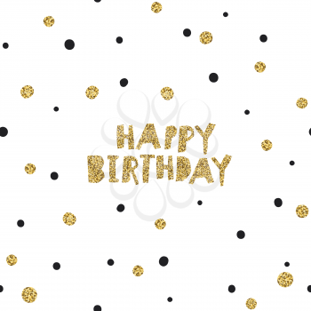 Happy Birthday on Black Background with White and Golden Chaotic Dots.Vector Template for Packaging Designs and Invitation Cards Decoration etc