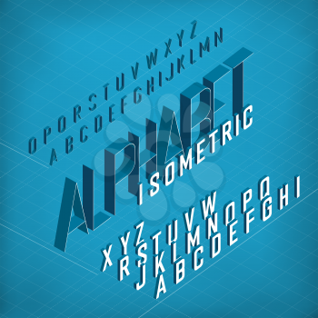 Isometric Alphabet. On blueprint abstract background. Two weights - bold and thin.