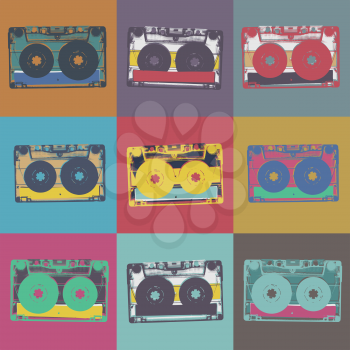 Audiocassette retro popart music seamless background. Audiocassette illustration pop-art seamless pattern. Retro audio cassettes, pop art style, seamless. Vintage styled retro music seamless pattern