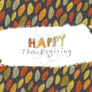 Happy Thanksgiving greeting card design. Logo and fallen leaves.  For autumn and thanksgiving greeting cards designs. Hand drawn quirky vector illustration