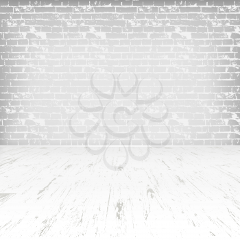 Empty white room with wooden floor and brick wall