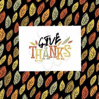 Happy Thanksgiving greeting card design. Logo and fallen leaves.  For autumn and thanksgiving greeting cards designs. Hand drawn quirky vector illustration