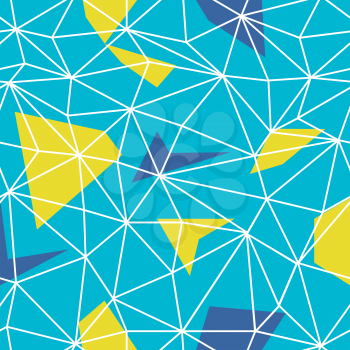 Triangles wire-frame seamless repeat pattern. Triangular facets. Vector pattern. Wireframe Background Blue and Yellow Seamless Pattern. 