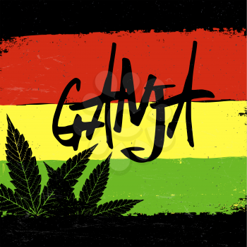 Marijuana silhouette. Ganja typography. Vector marijuana leaf and typography on rastafarian grunge background