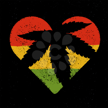 Marijuana silhouette in heart shape. Vector marijuana leaf and rastafarian flag grunge background