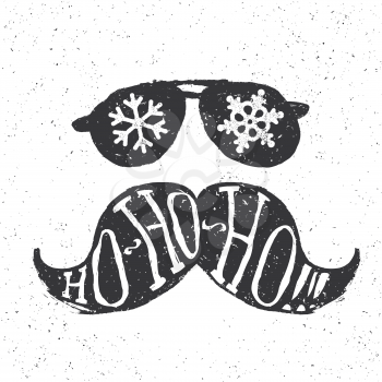 Santa vintage sunglasses and moustache. With snowflake reflection. On textured grunge white background. Ho-ho-ho! lettering. Vector illustration. Christmas fun concept.