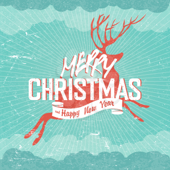 Merry Christmas Vintage vector Illustration. Deer silhouette and Merry Christmas lettering. Rays, clouds, sky. Text on white ribbon. On old paper texture. Grunge layers easily edited.