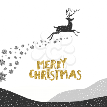 Merry Christmas postcard. Christmas typography glitter gold. Deer silhouette. Falling Snow. 