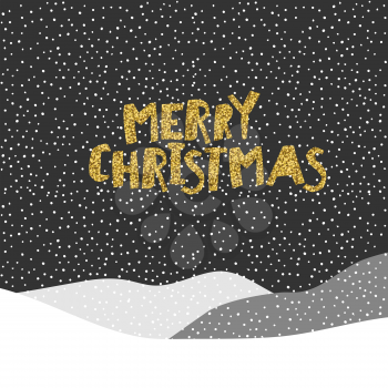Merry Christmas postcard. Christmas typography glitter gold. Falling Snow. 