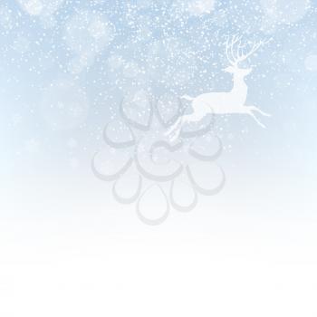 Christmas deer on snowfall background. Isolated xmas background. New Year abstract background
