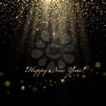 Happy New Year greetings and golden lights. Abstract holiday background with snowflake line. Vector Illustration.