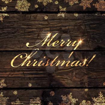 Merry Christmas! Golden Greeting on Wooden Background. Snowflakes border isolated by downside. Easy to use in design projects for holiday, as is postcard, invitations, covers, posters, banners, wallpa