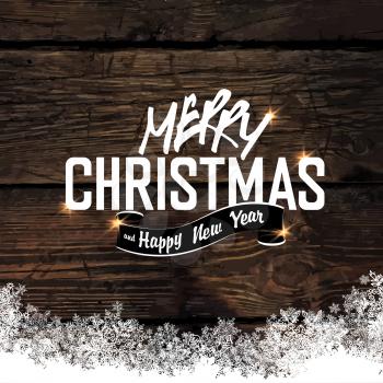 Merry Christmas! Greeting Tag on Wooden Background. Snowflakes border isolated by downside. Easy to use in design projects for holiday, as is postcard, invitations, covers, posters, banners, wallpaper