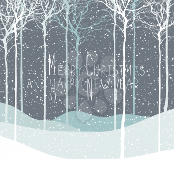 Merry Christmas postcard. Calm winter scene. Vector background with white tree silhouettes under snowfall. Calm winter forest. Snowfall