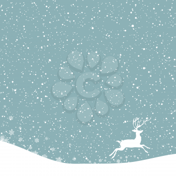 Christmas postcard. Vector background with white deer under snowfall