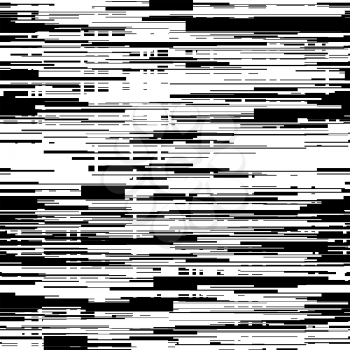 Abstract black and white background with glitch effect, distortion, seamless texture, random horizontal lines. Vector illustration.