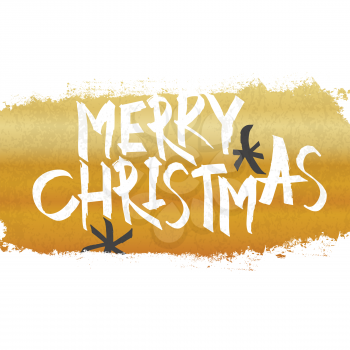 Merry Christmas Lettering with gold texture and snowflakes. Center composition, isolated on white